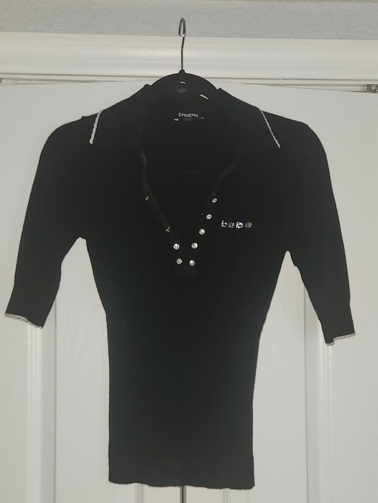 bebe Tops - bebe Black Short Sleeved Sweater with Crystal Stud Detailing